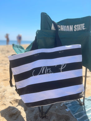 Monogramed Striped Beach Tote Bag